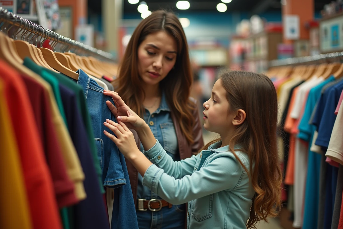 Mère et fille examinant un costume Totally Spies dans une boutique
