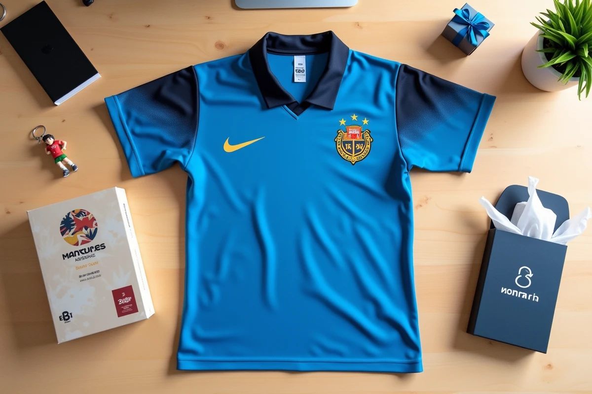 Mise à plat d'un maillot Blue Lock et de cadeaux anime sur un bureau en bois, vue de dessus