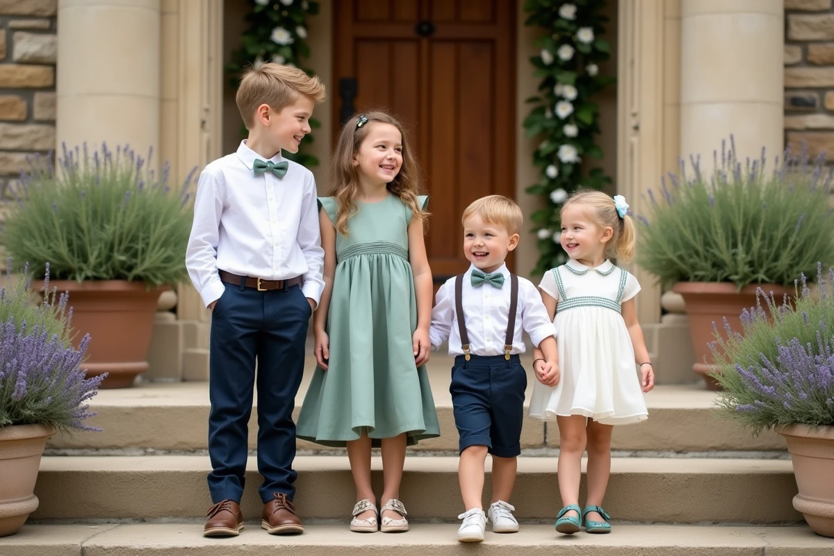 Quatre frères et sœurs en tenues coordonnées marine et vert sauge sur les marches d'une bâtisse en pierre pour une fête de bébé