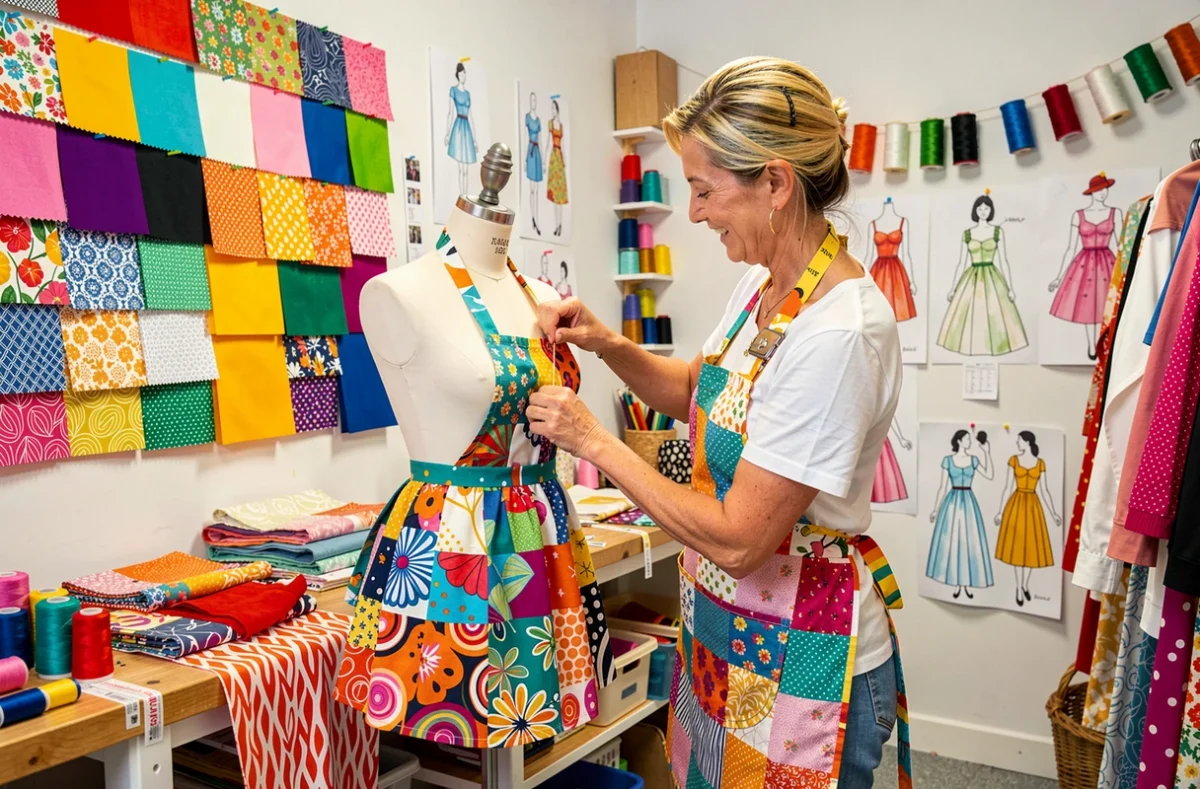 Couturière de Fun Couture à Saint-Étienne épinglant une jupe imprimée sur un mannequin dans un atelier créatif et coloré