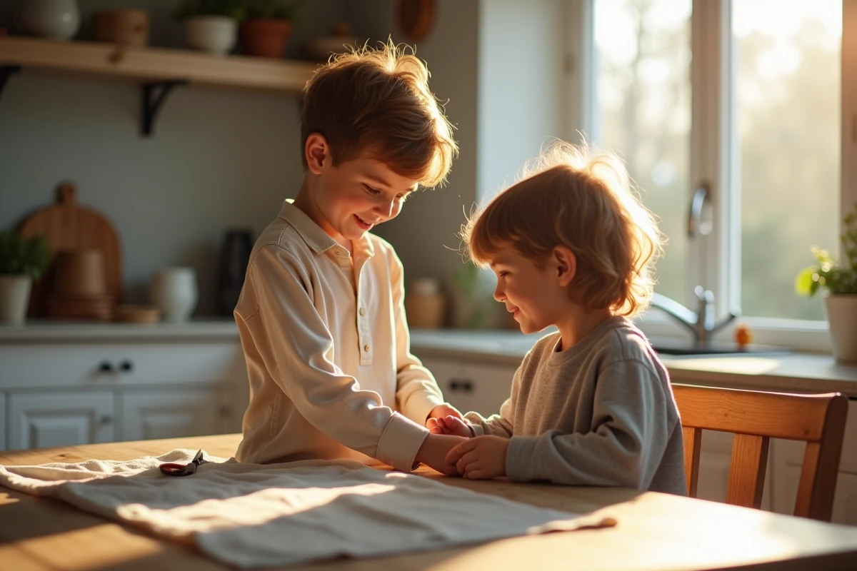 Garçon de dix ans ajustant son vêtement dans la cuisine