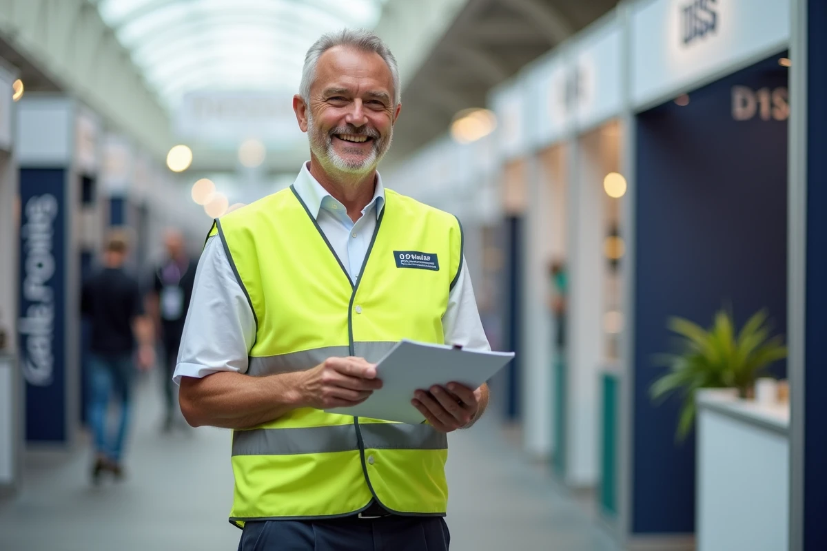 Homme portant un gilet jaune de sécurité personnalisé avec logo d'entreprise lors d'un salon professionnel