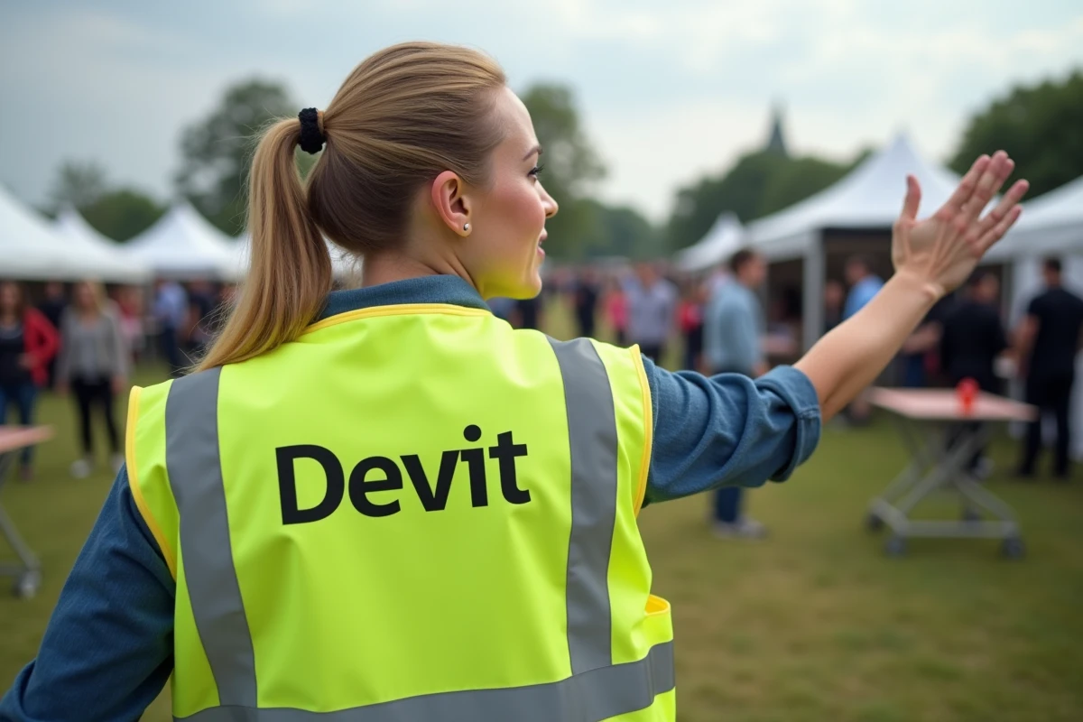 Femme portant un gilet de sécurité jaune personnalisé au dos lors d'un événement d'entreprise en plein air