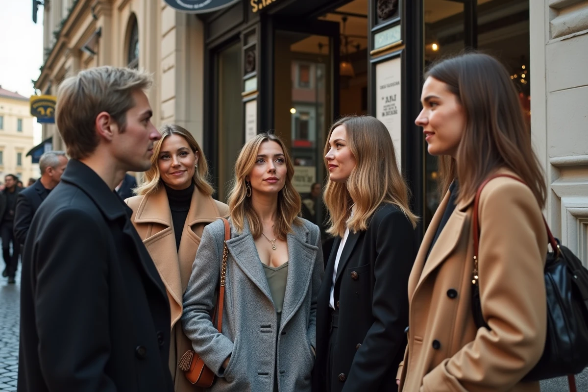 Groupe de influenceurs mode devant un théâtre à Milan