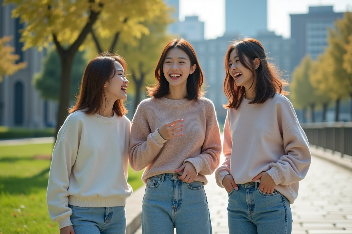 Trois adolescents coréens discutant dans un parc urbain