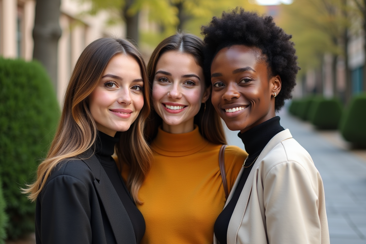 Groupe de trois personnes souriantes dans un parc urbain