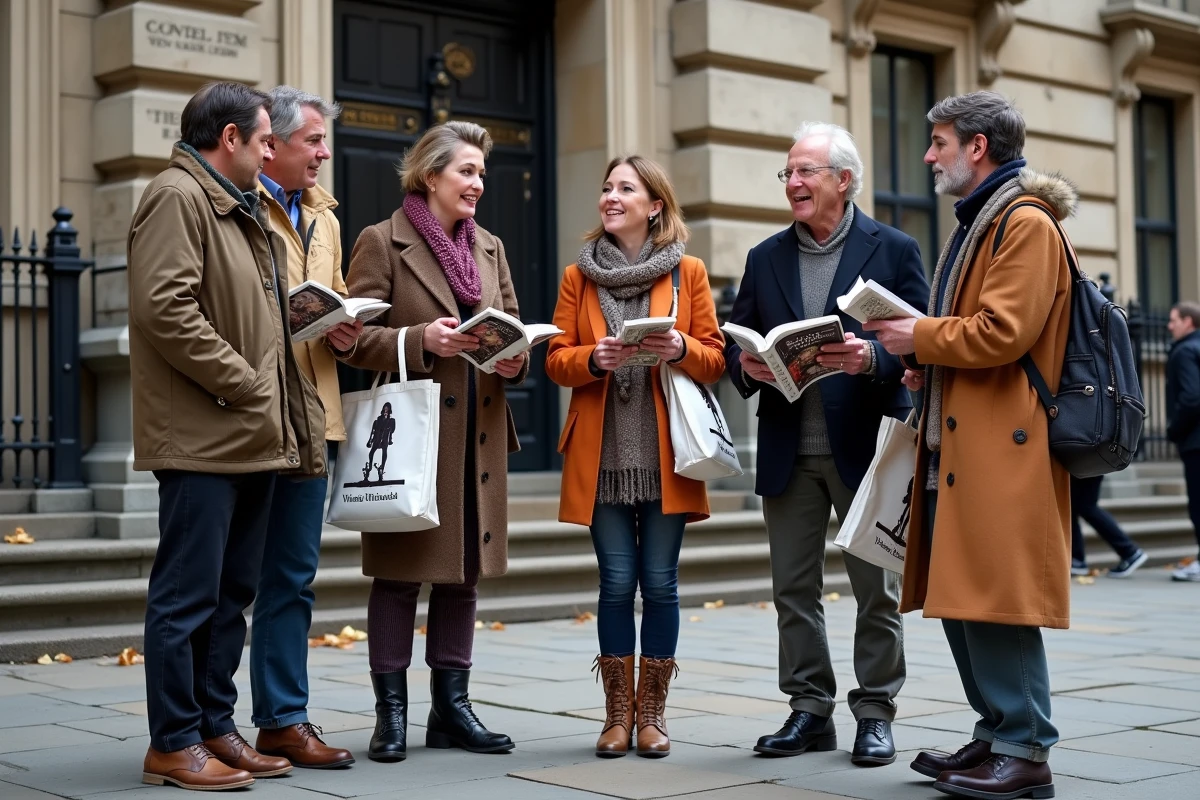 Groupe de fans de mode vintage devant un bâtiment historique