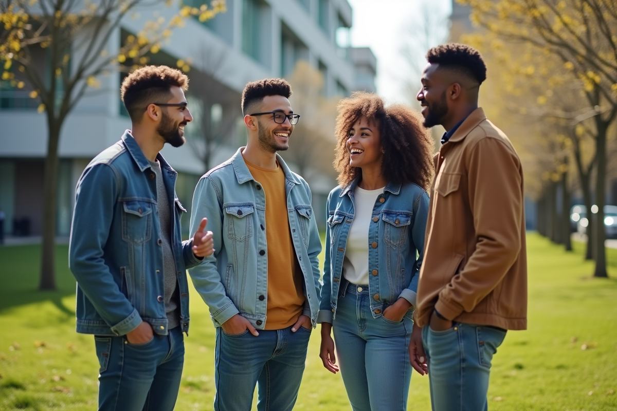 Groupe de jeunes discutant dans un parc urbain ensoleille