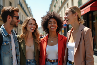 Groupe de jeunes à Paris portant mode tendance et souriant