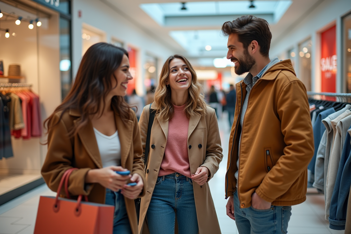 Jeunes adultes souriants dans un centre commercial