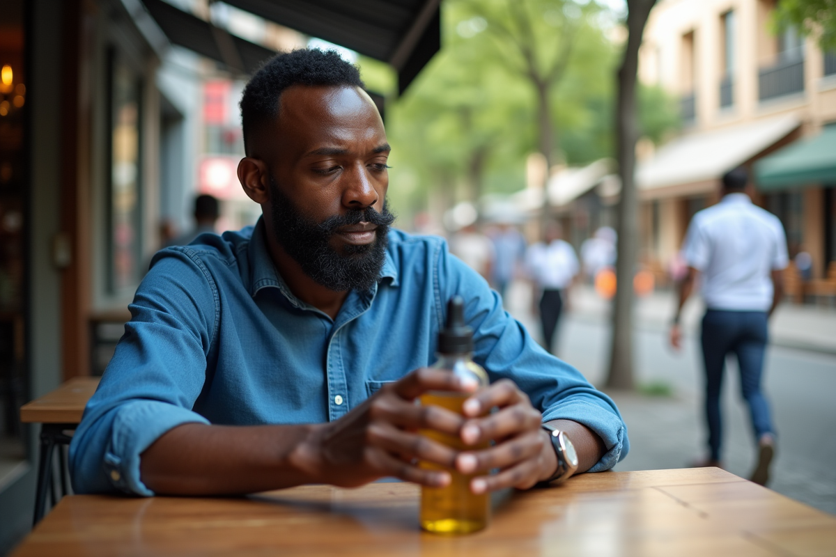 Homme africain contemplant une bouteille d huile naturelle en plein air