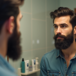 Homme de 30 ans examine sa barbe dans un miroir de salle de bain