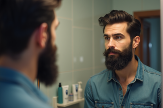 Homme de 30 ans examine sa barbe dans un miroir de salle de bain