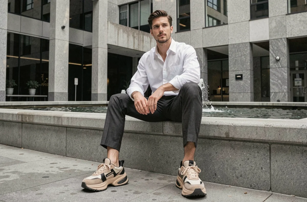 Homme en sneakers Balenciaga plateforme chunky avec pantalon tailleur cropped assis sur une fontaine urbaine moderne