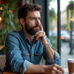 Homme barbu en café décontracté regardant par la fenêtre