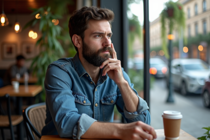 Homme barbu en café décontracté regardant par la fenêtre