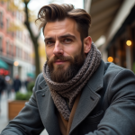 Homme élégant avec barbe et manteau en ville