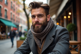 Homme élégant avec barbe et manteau en ville