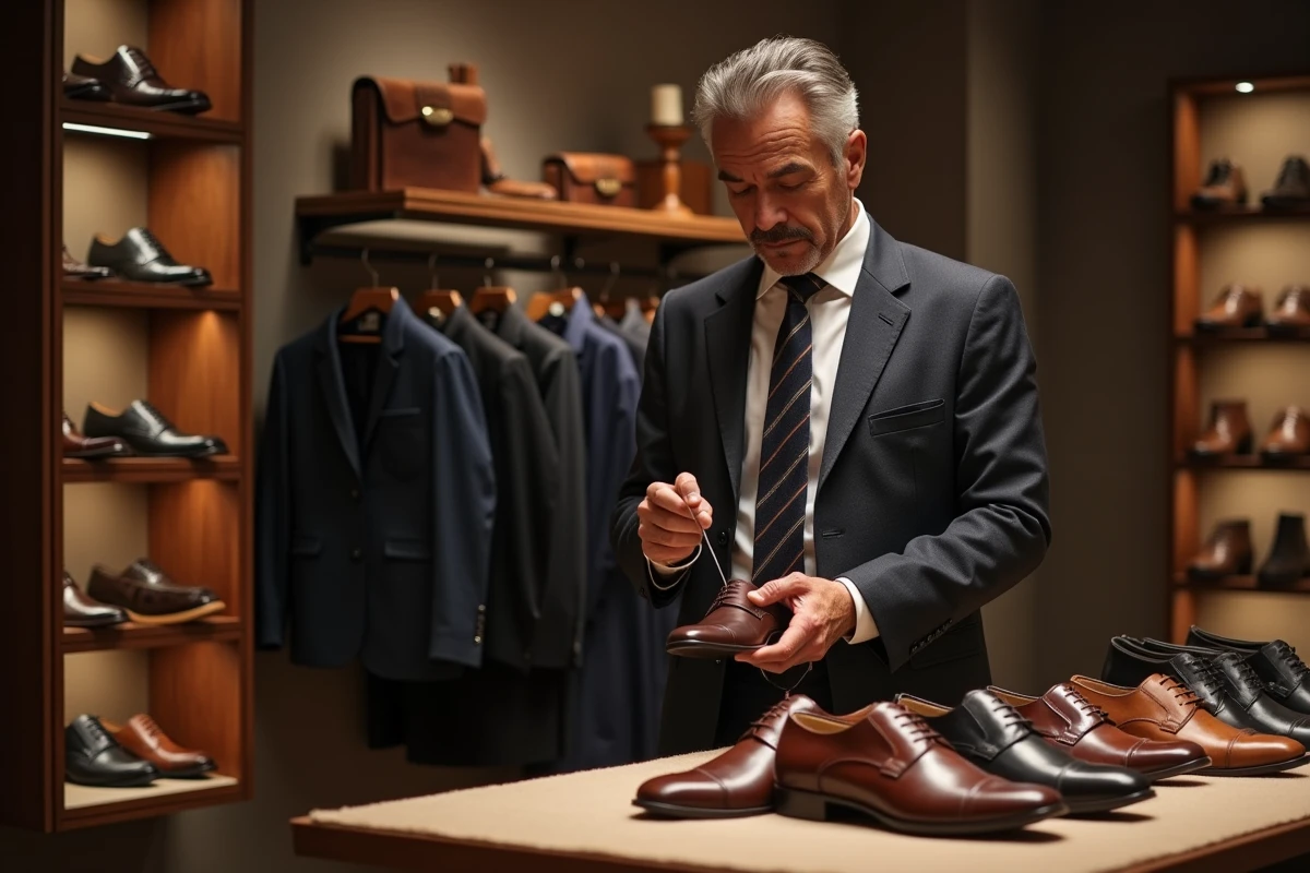Homme français compare des chaussures dans une boutique élégante