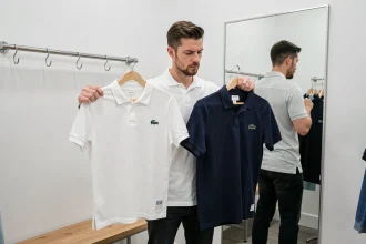 Homme comparant deux tailles de polo Lacoste dans une cabine d'essayage minimaliste