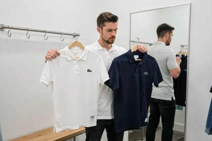 Homme comparant deux tailles de polo Lacoste dans une cabine d'essayage minimaliste