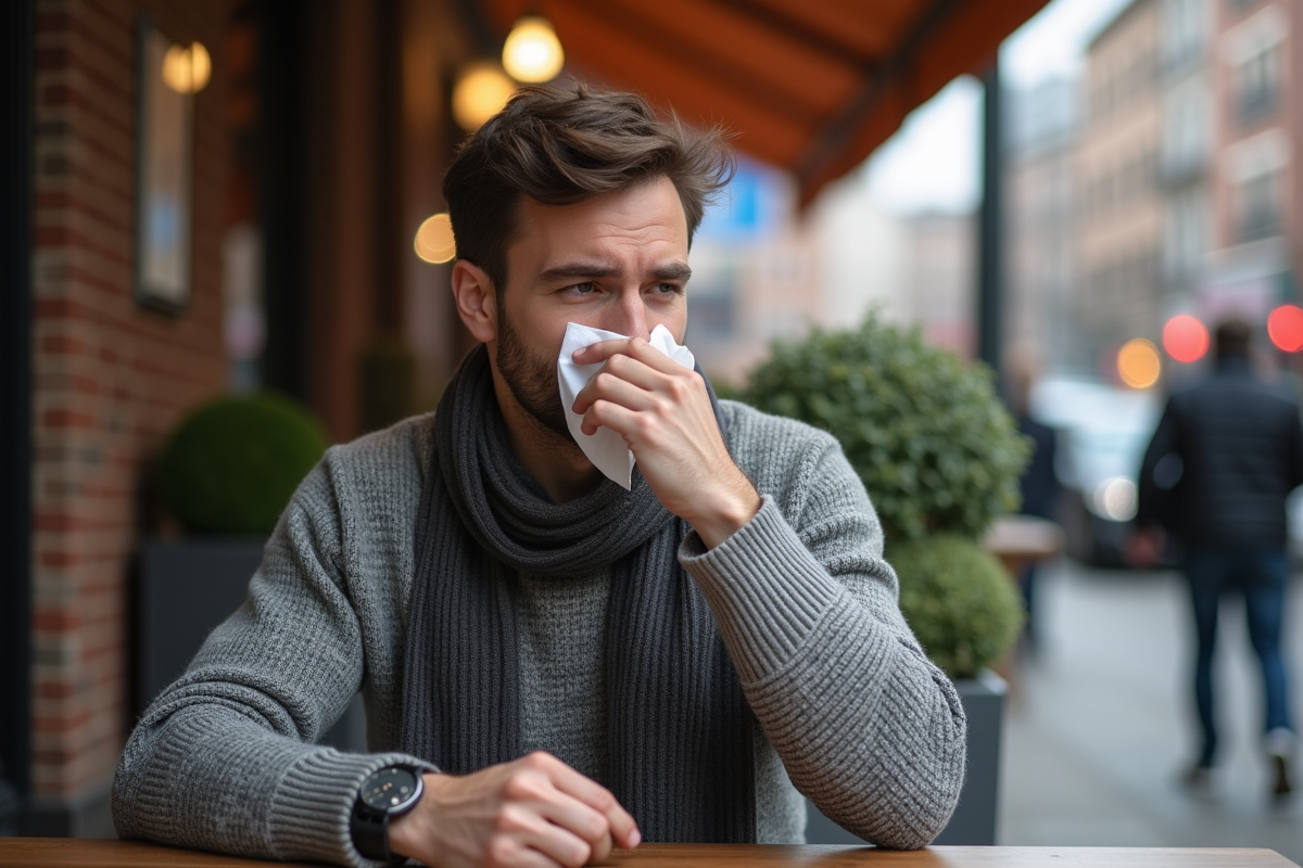 Homme assis au café en ville avec expression gênée