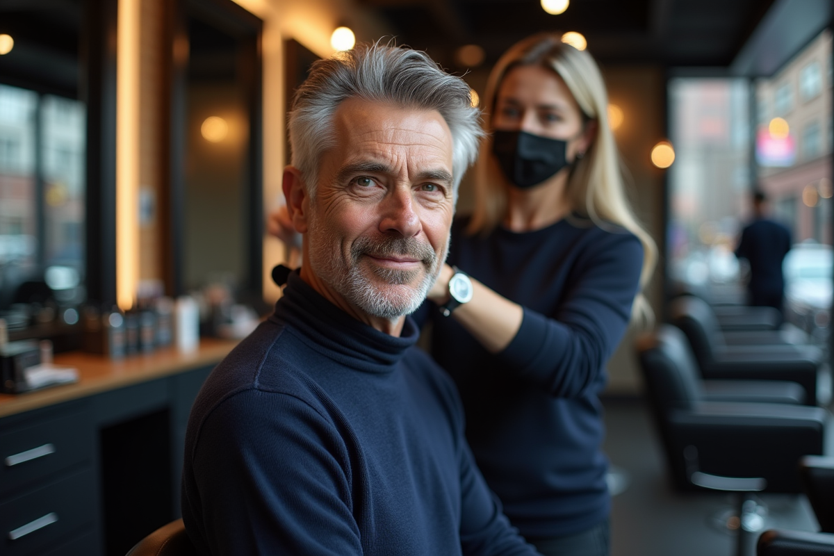 Homme coiffé par un styliste dans un salon urbain dynamique