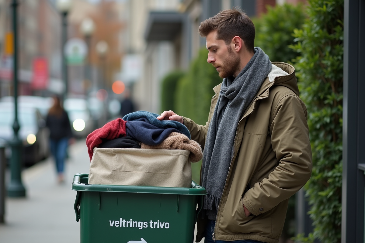 Jeune homme triant des vêtements usagés à la collecte urbaine