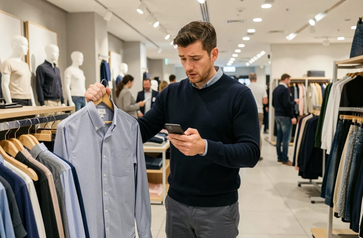 Homme consultant un guide des tailles australiennes et françaises sur son téléphone devant un portant de chemises en grand magasin