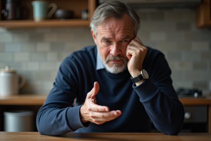 Homme d'âge moyen examinant sa main avec un long ongle pinky