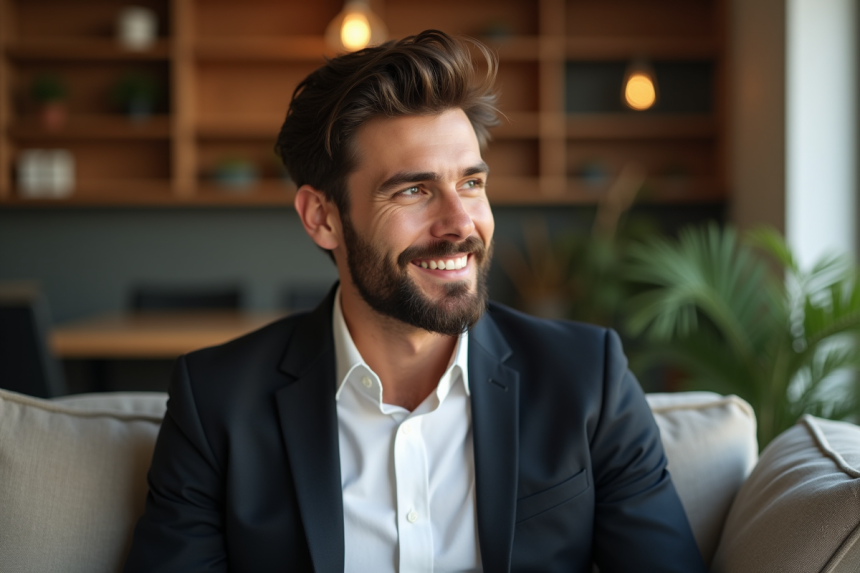 Homme élégant en portrait dans un salon moderne