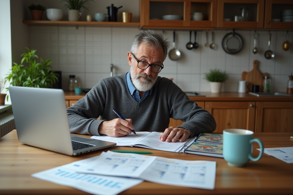 Homme à la maison note dates de soldes sur un calendrier