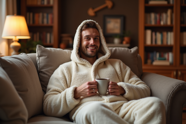 Homme en piloupilou relaxant sur un canapé chaleureux