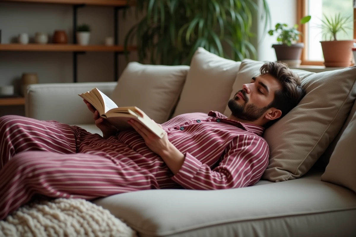 Homme détendu en pyjama pilou bordeaux allongé sur un canapé confortable avec un livre ouvert dans un salon chaleureux