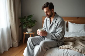 Homme en pyjama pilou gris chiné assis sur un lit douillet tenant une tasse en céramique dans une chambre chaleureuse et confortable