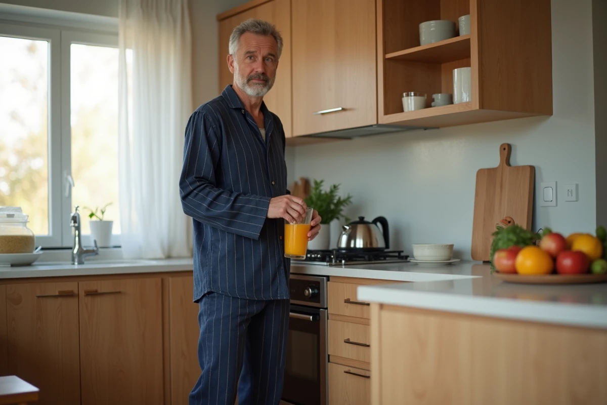 Homme mûr en pyjama pilou bleu marine à carreaux préparant son petit-déjeuner dans une cuisine moderne et lumineuse