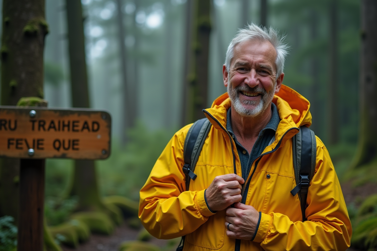 Homme en imper jaune prêt pour la randonnée en forêt