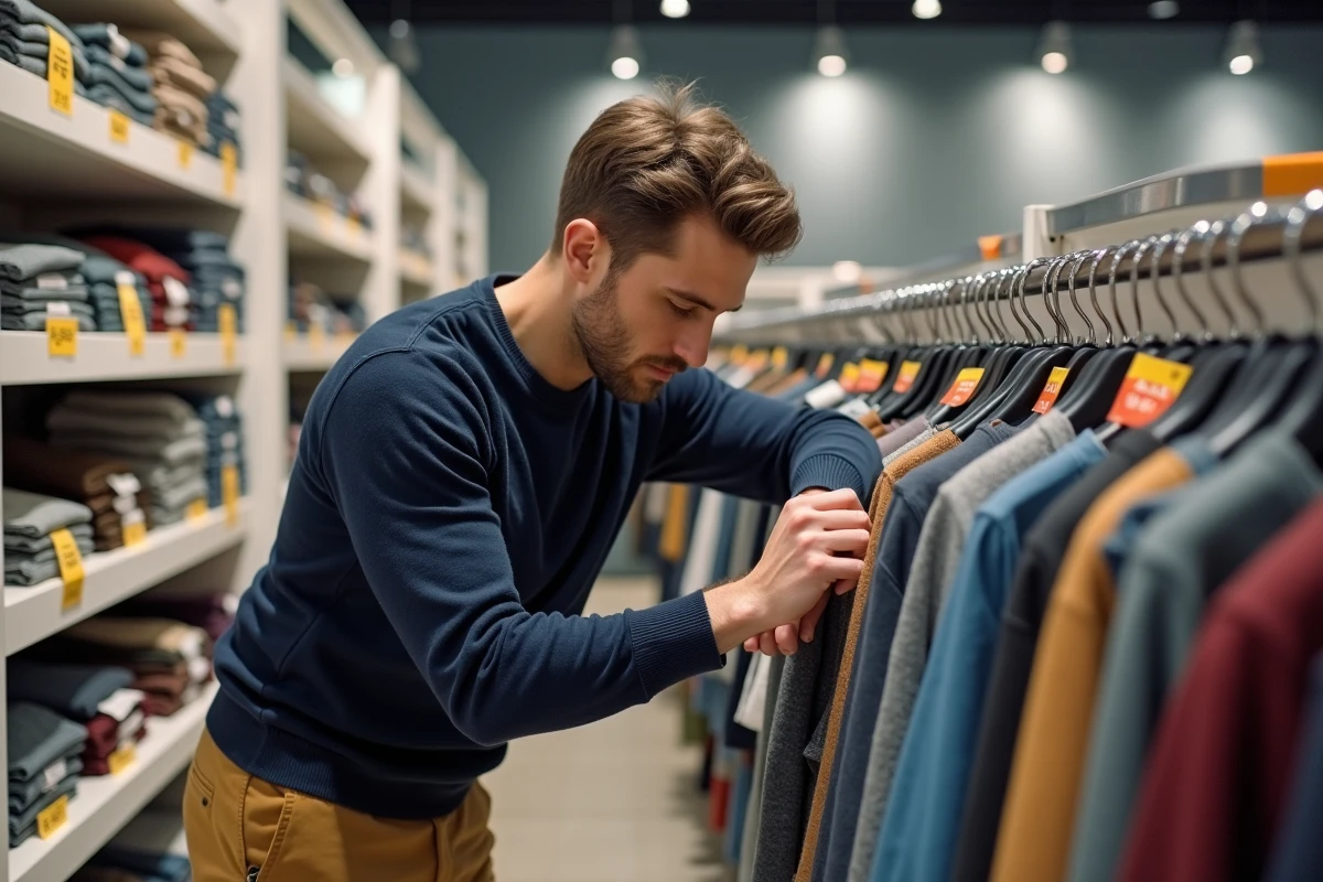 Homme examinant une étiquette de prix sur un vêtement en solde dans un grand magasin français moderne