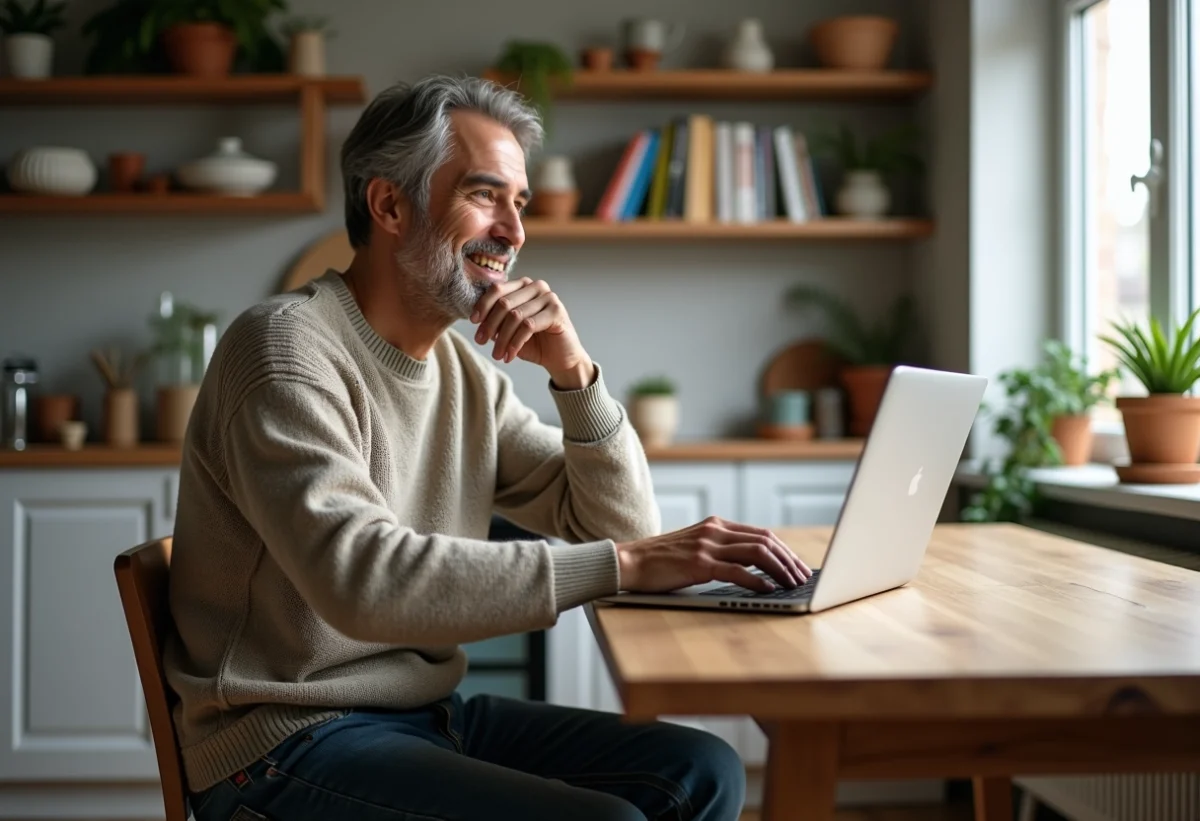 Homme pensif assis à une table de cuisine moderne