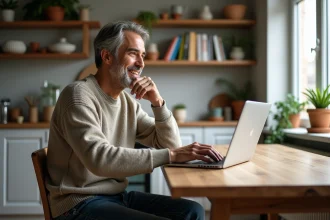 Homme pensif assis à une table de cuisine moderne
