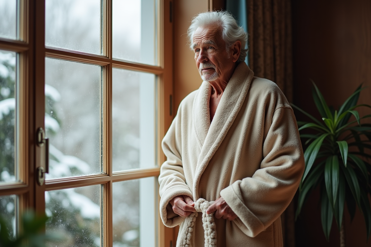 Homme âgé ajustant sa robe piloupilou près d
