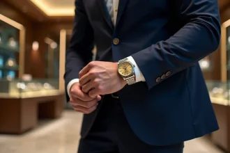 Homme en costume marine portant une Rolex Day-Just en acier avec cadran champagne dans une boutique de montres de luxe