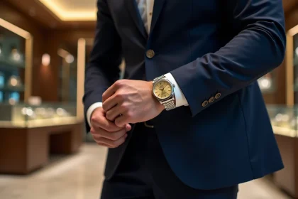Homme en costume marine portant une Rolex Day-Just en acier avec cadran champagne dans une boutique de montres de luxe