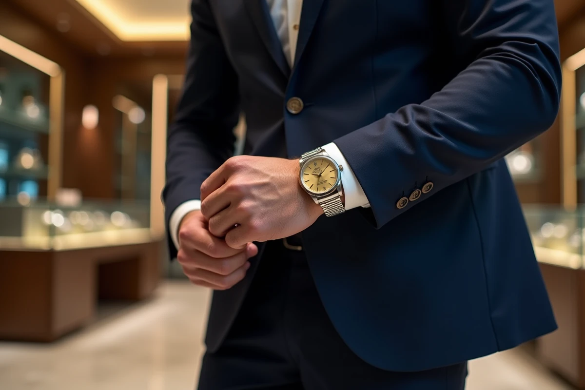 Homme en costume marine portant une Rolex Day-Just en acier avec cadran champagne dans une boutique de montres de luxe