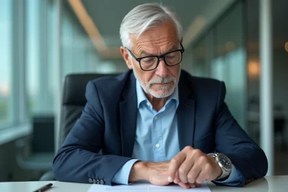 Homme senior regardant sa montre au bureau