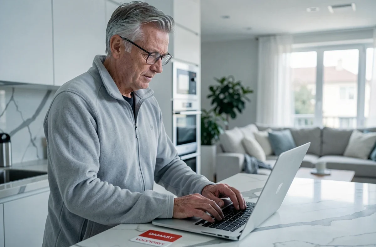 Homme senior utilisant son ordinateur pour contacter le service client Damart avec sa carte de fidélité