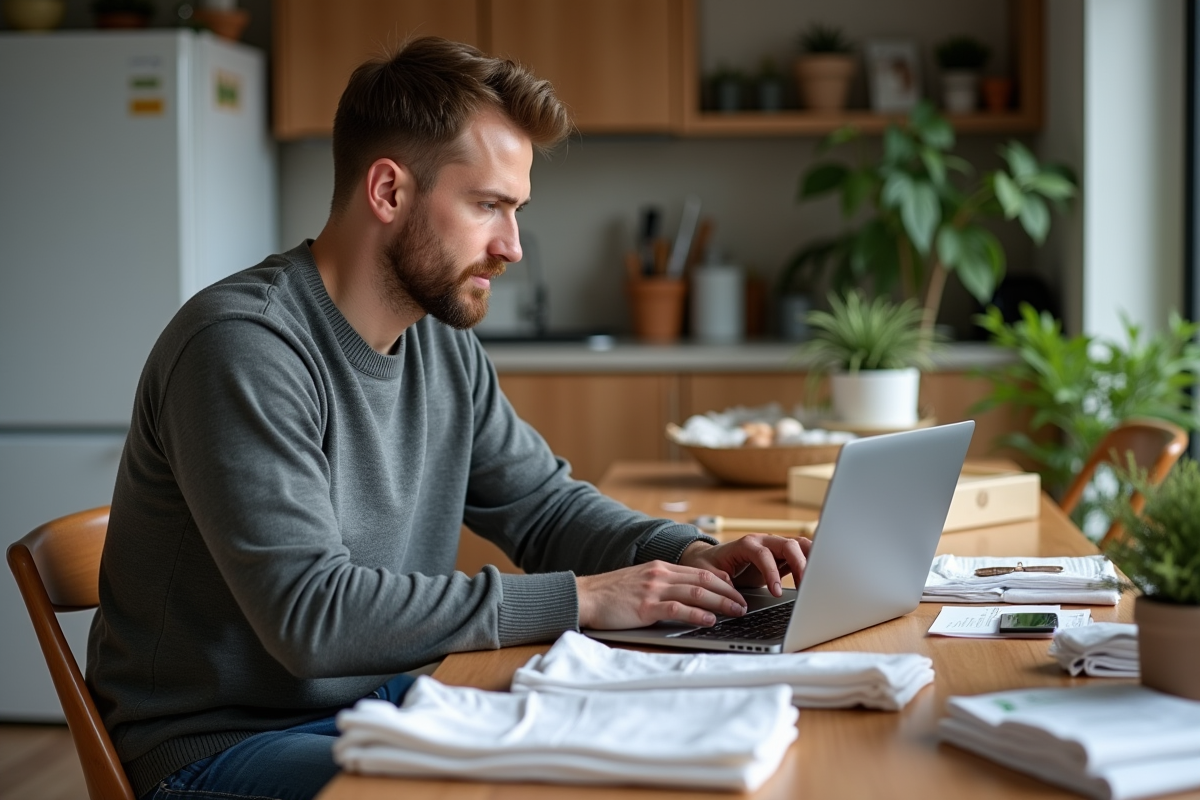 Homme compare deux tops dans une cuisine avec colis