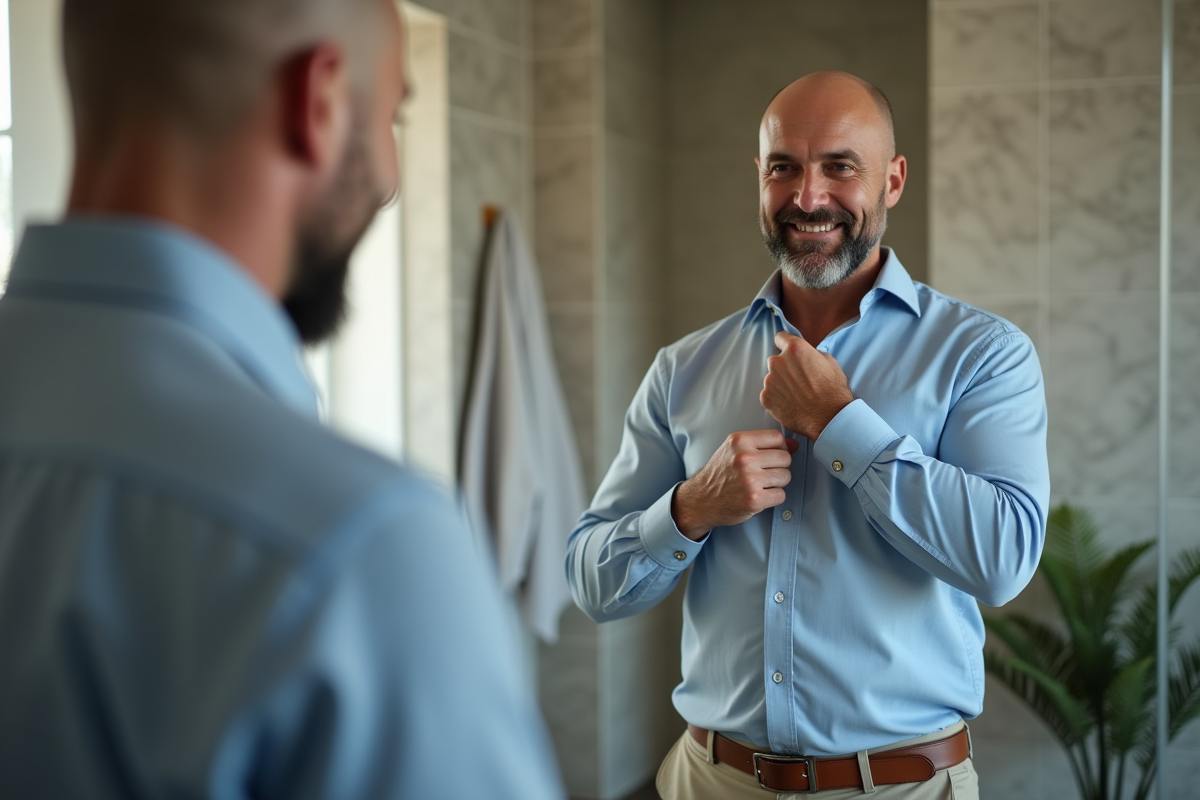 Homme chauve en chemise bleue ajuste son col dans la salle de bain