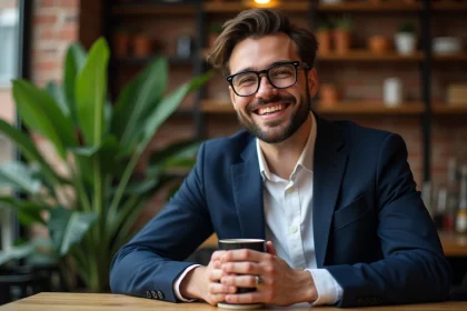 Homme élégant en blazer bleu dans un café moderne