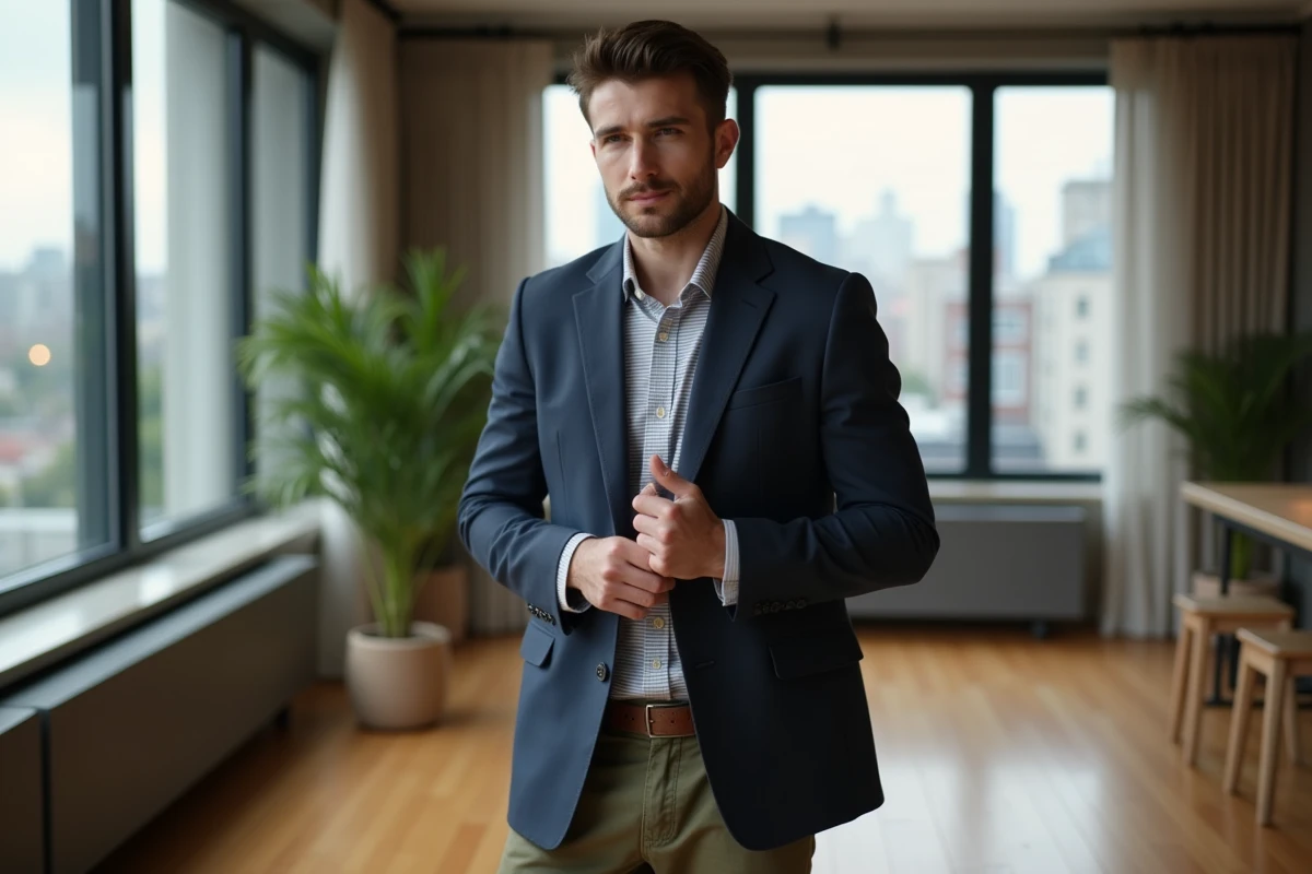Jeune homme en blazer navy dans appartement moderne